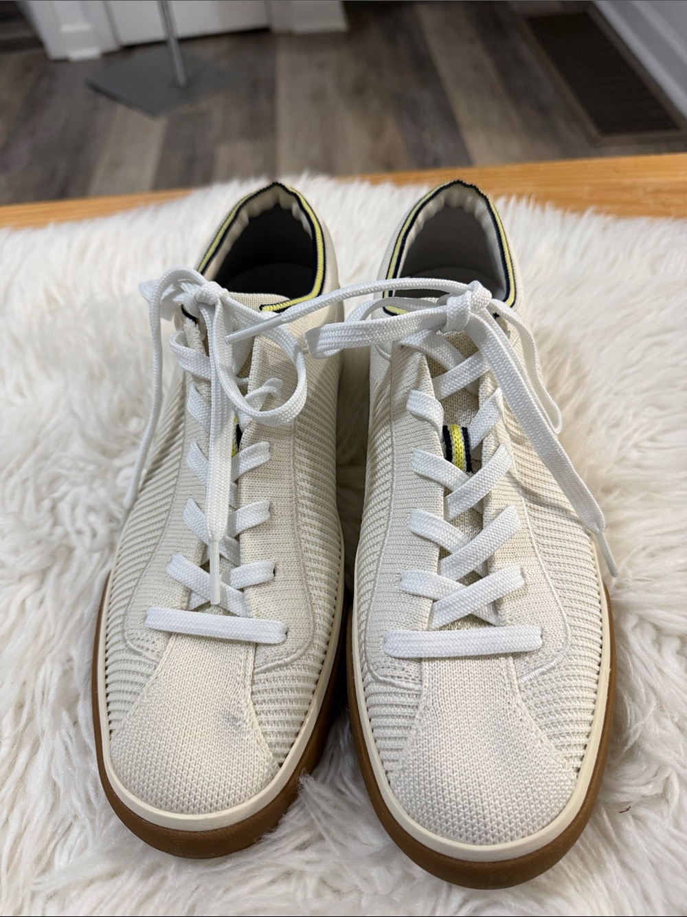 Rothy's Cream Knit Low-Top Sneakers with Gum Sole and Black-Yellow Trim Size 8